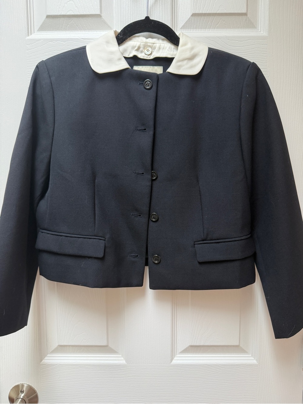 Cropped Navy Blazer with Cream Contrast Collar